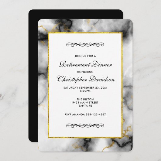 Invitation White Gray Marble with Gold Ribbon (Devant / Derrière)