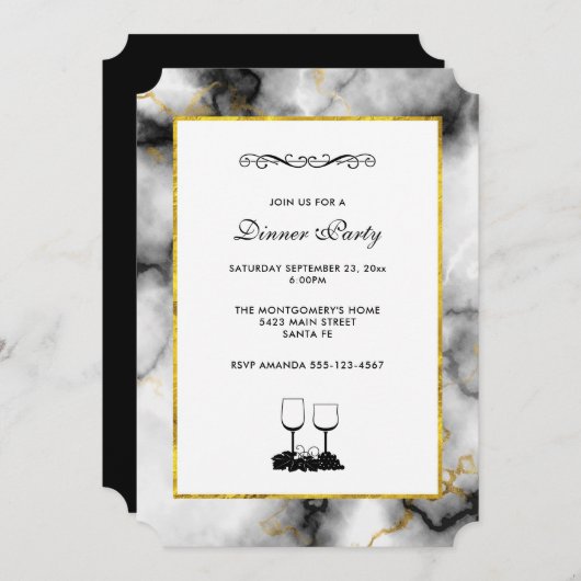 Invitation White Gray Marble with Gold Ribbon (Devant / Derrière)
