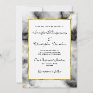 Invitation White Gray Marble with Gold Ribbon