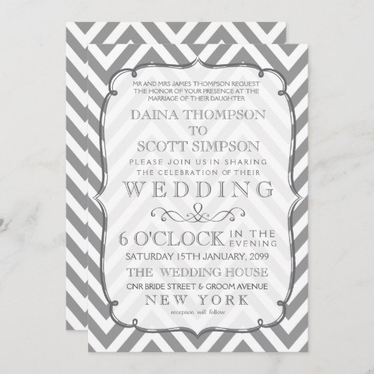Invitation White Grey Typographie moderne Chevron Mariage (Devant / Derrière)