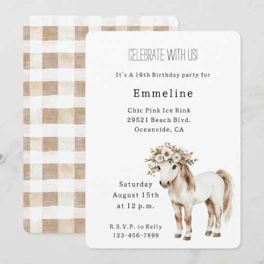 Invitation White Horse Floral 16th Birthday (Devant / Derrière)