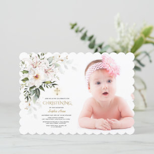 Invitation White Imperial Lily Rose Photo Girl Christening