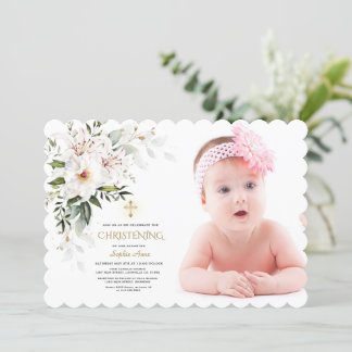 Invitation White Imperial Lily Rose Photo Girl Christening