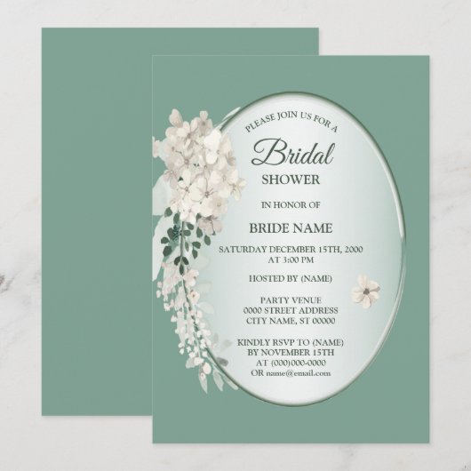 Invitation White Jasmine Floral Green Geometric Bridal Shower (Devant / Derrière)