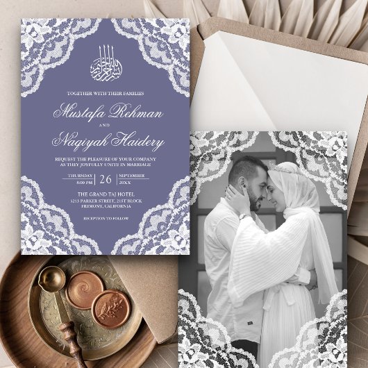 Invitation White Lace Dusty Purple Muslim Wedding Photo