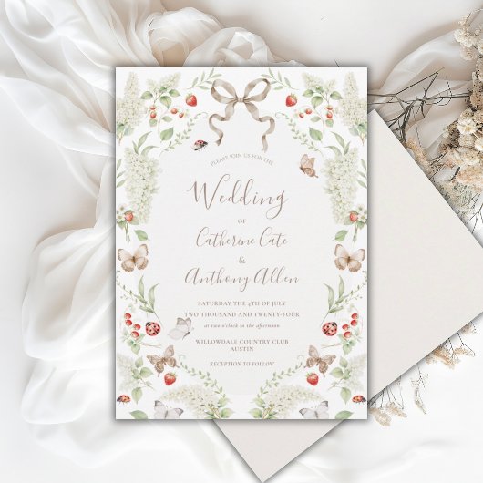 Invitation White Lilacs Greenery Ribbon Whimsical Wedding