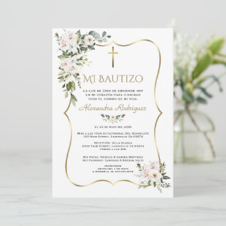 Invitation White Lily Rose Bautizo Con Flores Gold Baptism