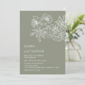 Invitation White Line Art Flowers Sage Green (Debout devant)