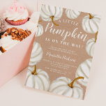 Invitation White Little pumpkin kraft fall baby shower<br><div class="desc">A little pumpkin is on the way! Celebrate your baby shower this fall autumn with this cute hand painted white watercolor pumpkins and elegant modern calligraphy typography on rustic brown kraft.</div>