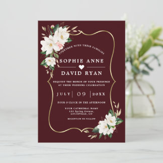 Invitation White Magnolia Deep Burgundy All In One Wedding  