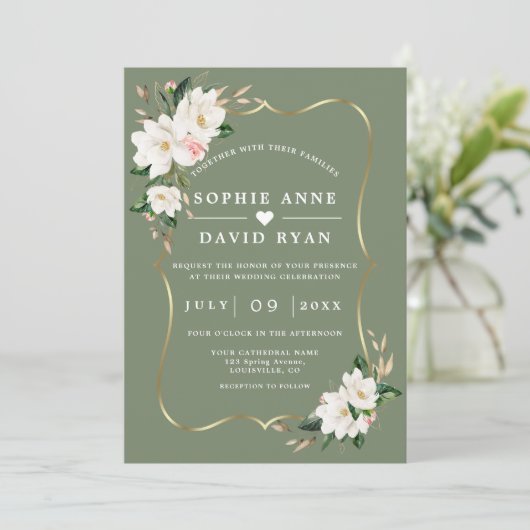 Invitation White Magnolia Sage Green All In One Wedding   (Debout devant)