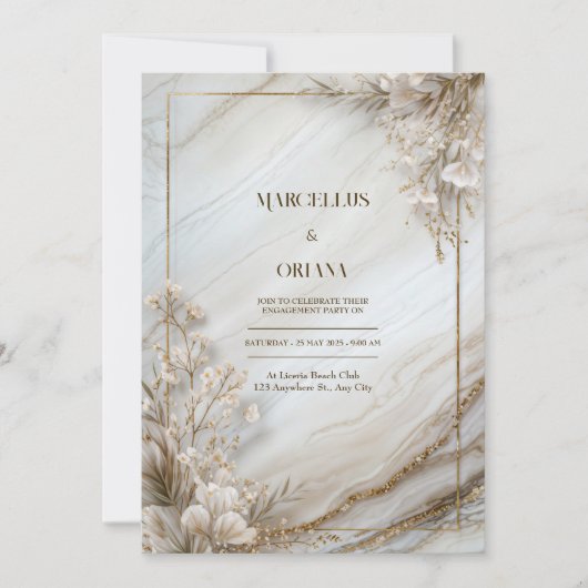 Invitation White Marble Gilded Botanical Wedding (Devant)