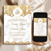 Invitation White Marble Gold Foil Lace Islamic Muslim Wedding