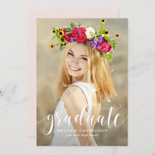 Invitation White Modern Calligraphie Photo Graduation (Devant / Derrière)