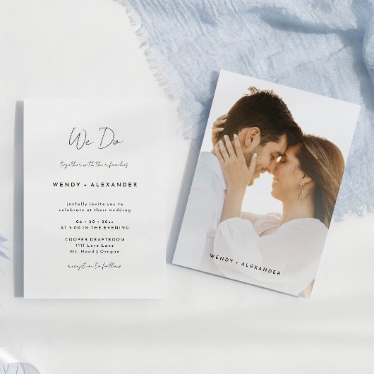 Invitation White Modern Script Nous faisons Mariage photo