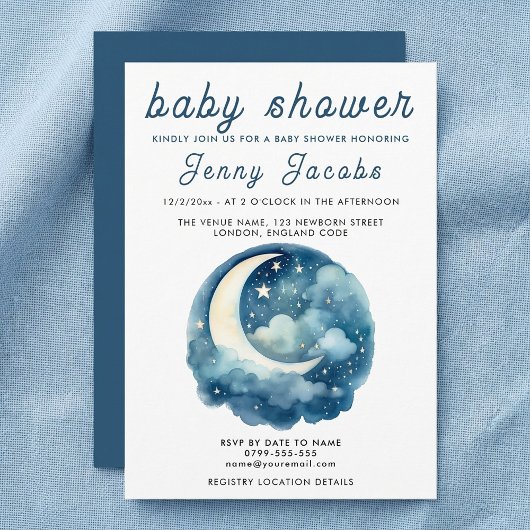 Invitation White Moon & Stars ciel de nuit Baby shower
