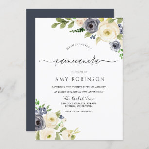 Invitation White & Navy Elegant Aquarelle Quinceanera Party