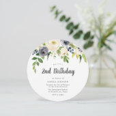 Invitation White Navy Floral Girl Boy Photo 2e anniversaire (Debout devant)