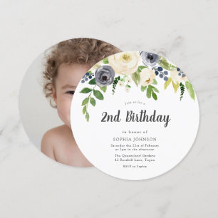 Invitation White Navy Floral Girl Boy Photo 2e anniversaire