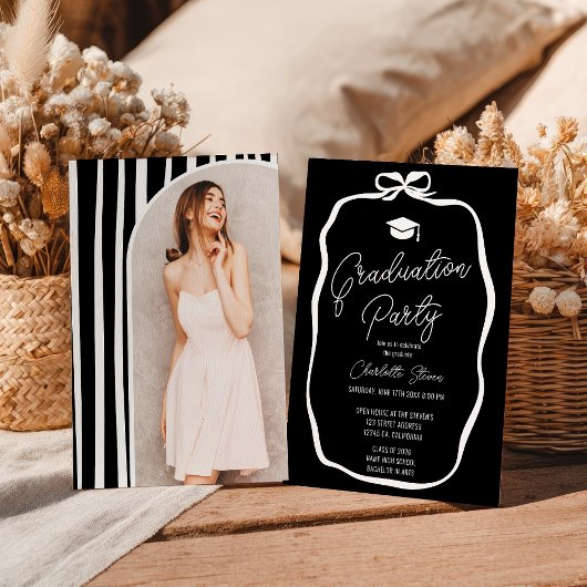 Invitation White on Black Coquette Bow photo graduation