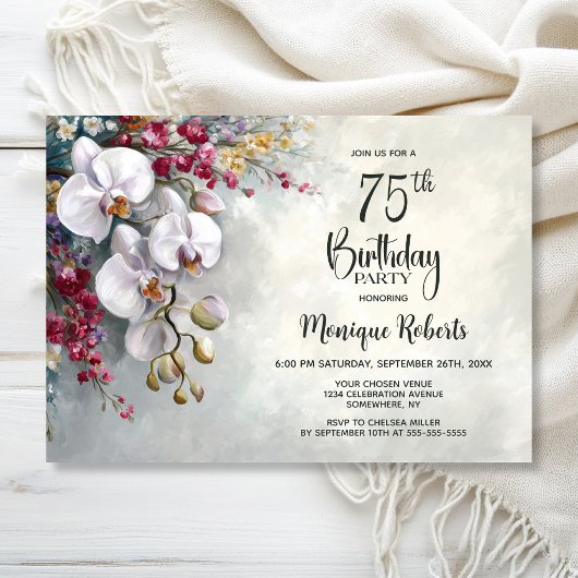 Invitation White Orchid Floral 75th Birthday Party