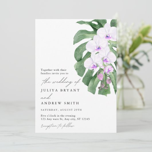 Invitation White Orchid on Tropical leaf script wedding (Debout devant)