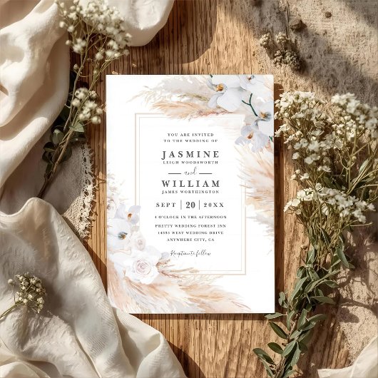 Invitation White Orchids Roses Pampas Grass QR Code Wedding