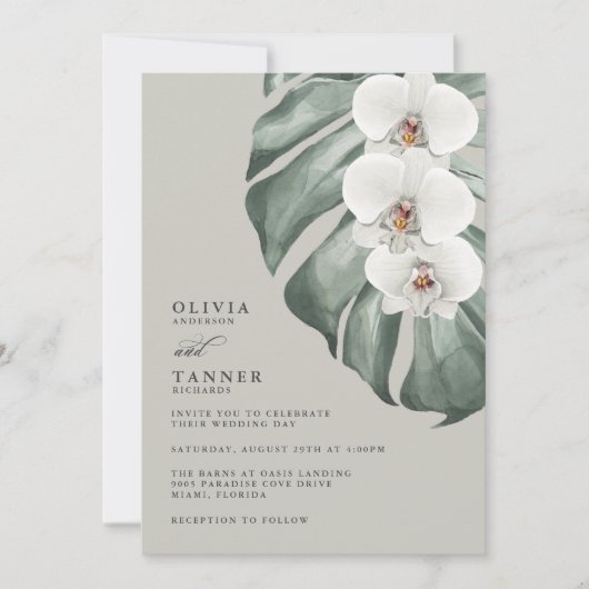 Invitation White Orchids Sage Mariage tropical avec code QR (Devant)