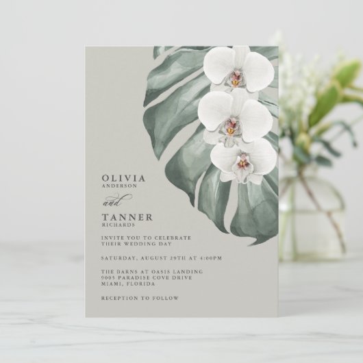 Invitation White Orchids Sage Mariage tropical avec code QR (Debout devant)