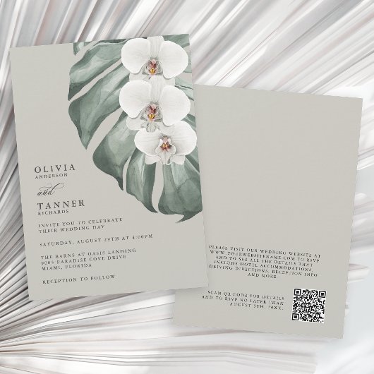 Invitation White Orchids Sage Mariage tropical avec code QR