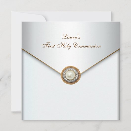 Invitation White Pearl Gold Girls First Holy Communion (Devant)