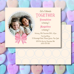 Invitation White Pearl Pink Bow Photo Girl Anniversaire conjo