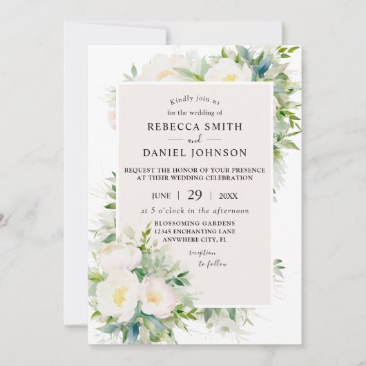 Invitation White Peonies Aquarelle Vintage Mariage (Devant)