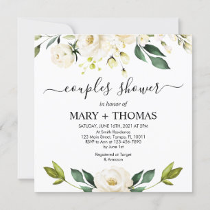 Invitation White Peonies Foliage Couples Douche