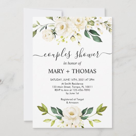 Invitation White Peonies Foliage Couples Douche (Devant)