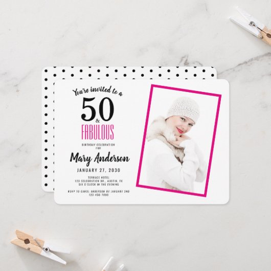 Invitation White Pink 50 et Fabulous 50th Birthday Party (Devant/Arrière en situation)