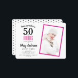 Invitation White Pink 50 et Fabulous 50th Birthday Party<br><div class="desc">Une belle invitation photo moderne de 50ème anniversaire rose et noir que vous pouvez personnaliser et envoyer pour votre fête du cinquantième anniversaire. Les mots "50 and Fabulous" sont utilisés par la typographie populaire. Remplacez l'exemple de photo par le vôtre. Les couleurs de texte rose et noir peuvent être modifiées...</div>