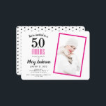 Invitation White Pink 50 et Fabulous 50th Birthday Party<br><div class="desc">Une belle invitation photo moderne de 50ème anniversaire rose et noir que vous pouvez personnaliser et envoyer pour votre fête du cinquantième anniversaire. Les mots "50 and Fabulous" sont utilisés par la typographie populaire. Remplacez l'exemple de photo par le vôtre. Les couleurs de texte rose et noir peuvent être modifiées...</div>