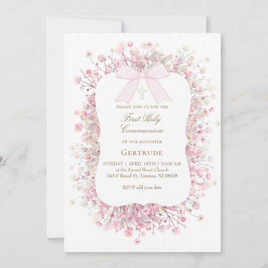 Invitation white pink baby's breath flowers First Communion (Devant)