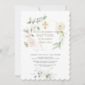 Invitation White Pink Floral Greenery Gold Cross Baptism  (Devant)