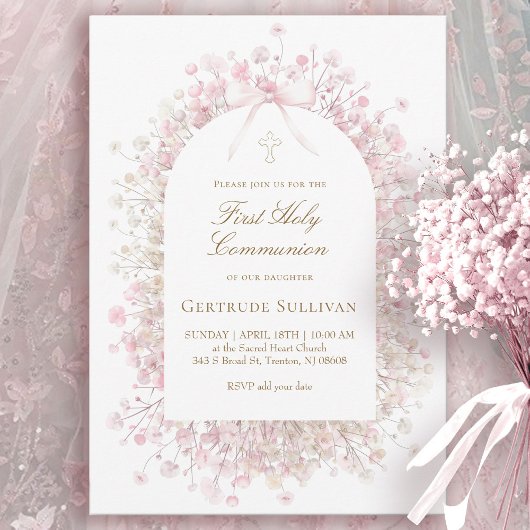 Invitation white pink flowers | First Holy Communion