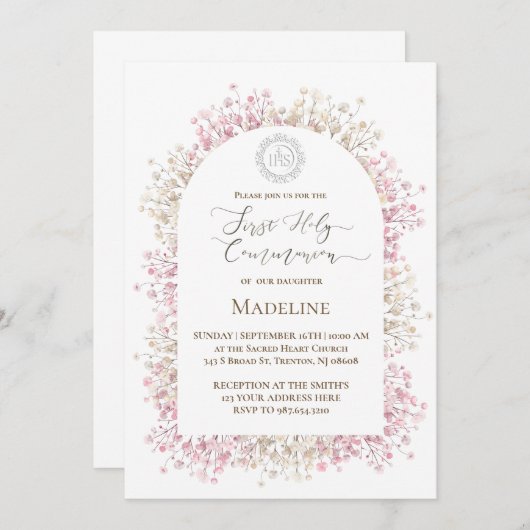 Invitation white pink flowers First Holy Communion (Devant / Derrière)