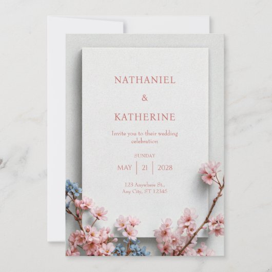 Invitation White Plaster Minimalist Sakura Frame Wedding (Devant)
