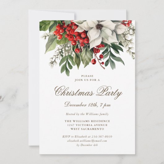 Invitation White Poinsettia Fête de Noël aux baies d'hiver (Devant)