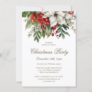 Invitation White Poinsettia Fête de Noël aux baies d'hiver