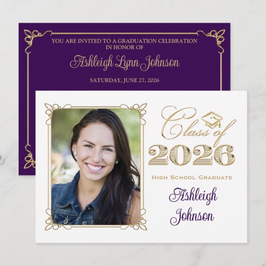 Invitation White, Purple, Gold 2026 Photo Graduation Invite (Devant / Derrière)