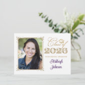 Invitation White, Purple, Gold 2026 Photo Graduation Invite (Debout devant)