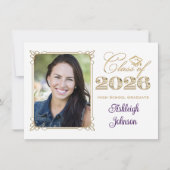 Invitation White, Purple, Gold 2026 Photo Graduation Invite (Devant)