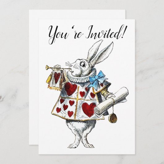 Invitation White Rabbit Alice Wonderland Hearts (Devant / Derrière)