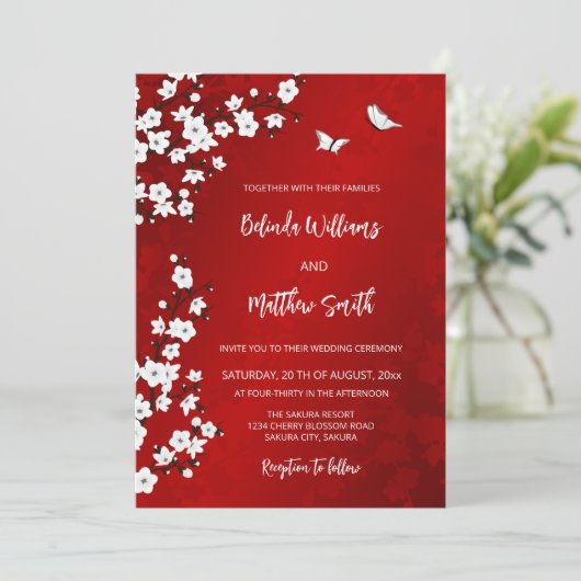 Invitation White  Red Cherry Blossom | Wedding (Debout devant)